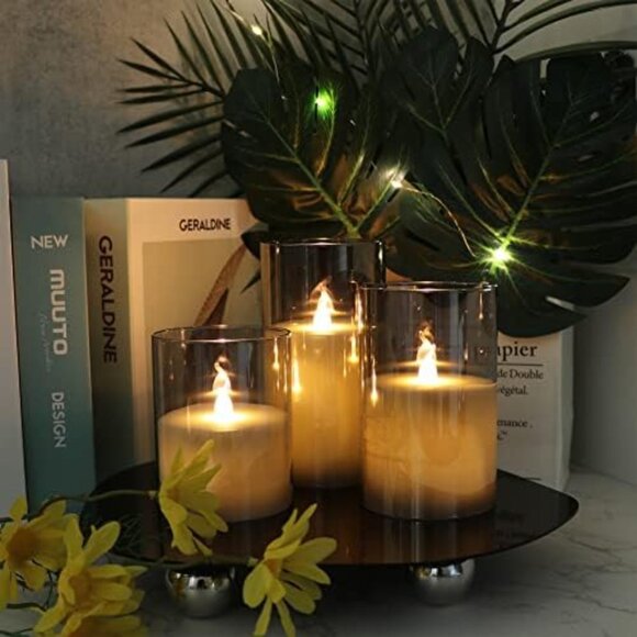 New Set of 3 Gray Glass Battery Operated Flameless Candles with Remote or Timer - Picture 6 of 8